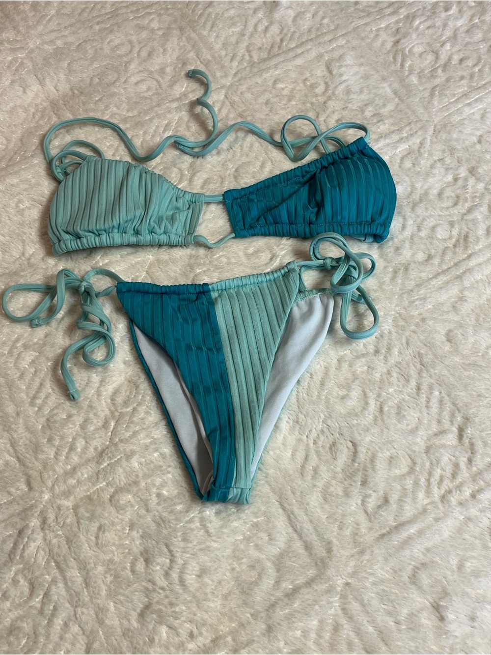 Two-Tone Teal Ribbed Tie-Side Bikini - Women Swim